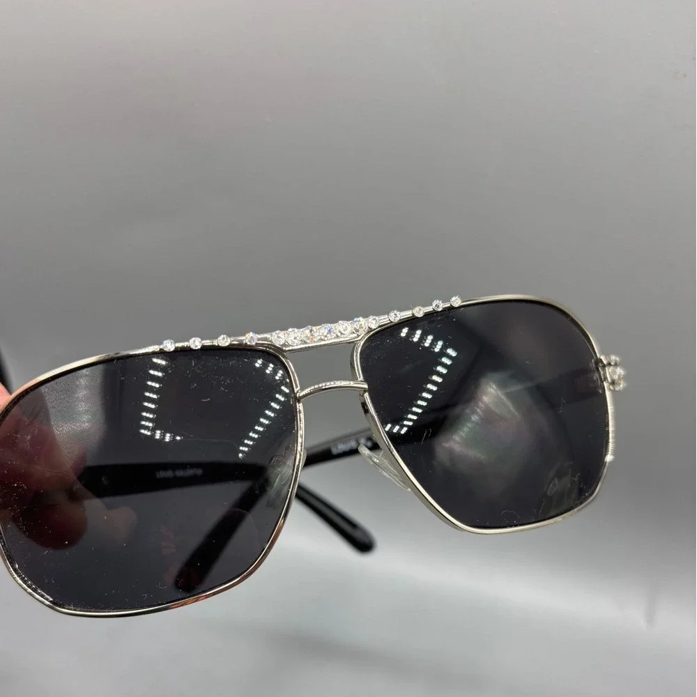 Louis Valentin Aviator Sunglasses Silver Frame Black Lenses‎ Rhinestones 3159LO